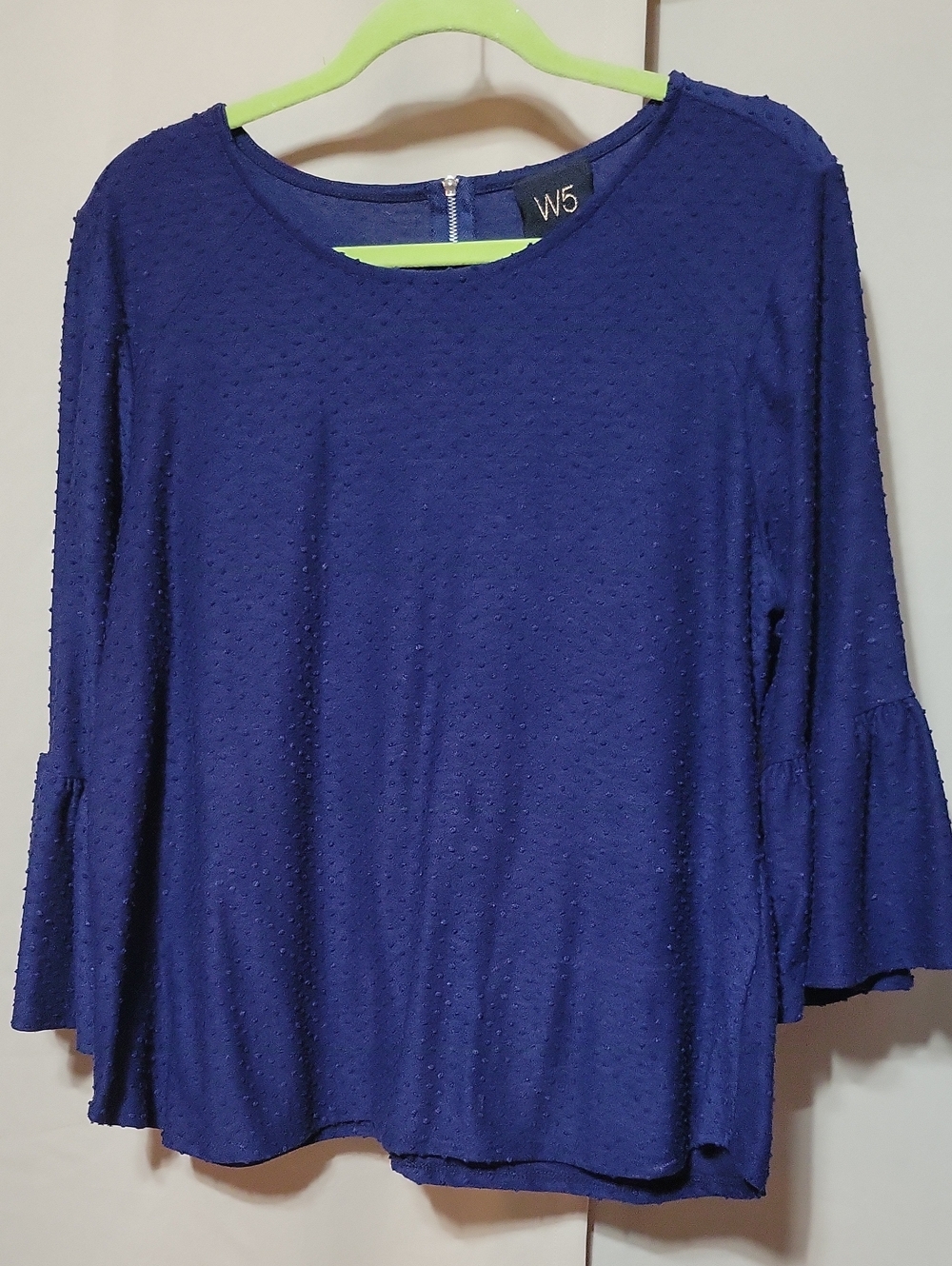 W5 Women's Navy Blue Textured Bell-Sleeve Long Sleeve Top